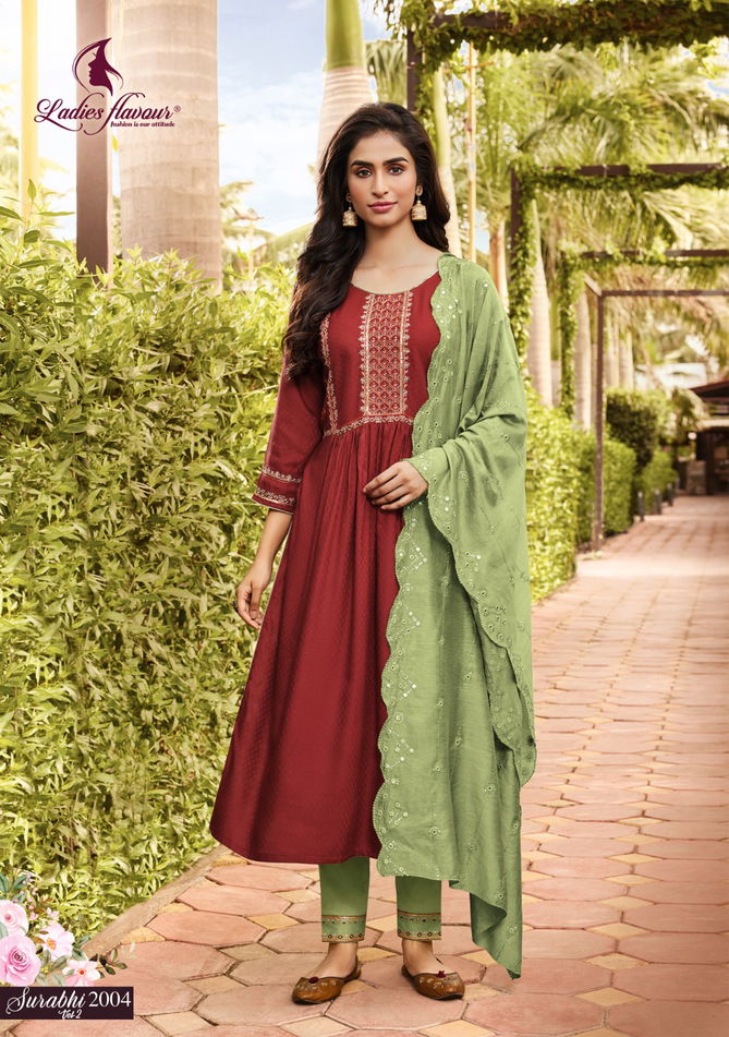 Surabhi Vol 2 By Ladies Flavour Rayon Kurti With Bottom Dupatta Catalog
